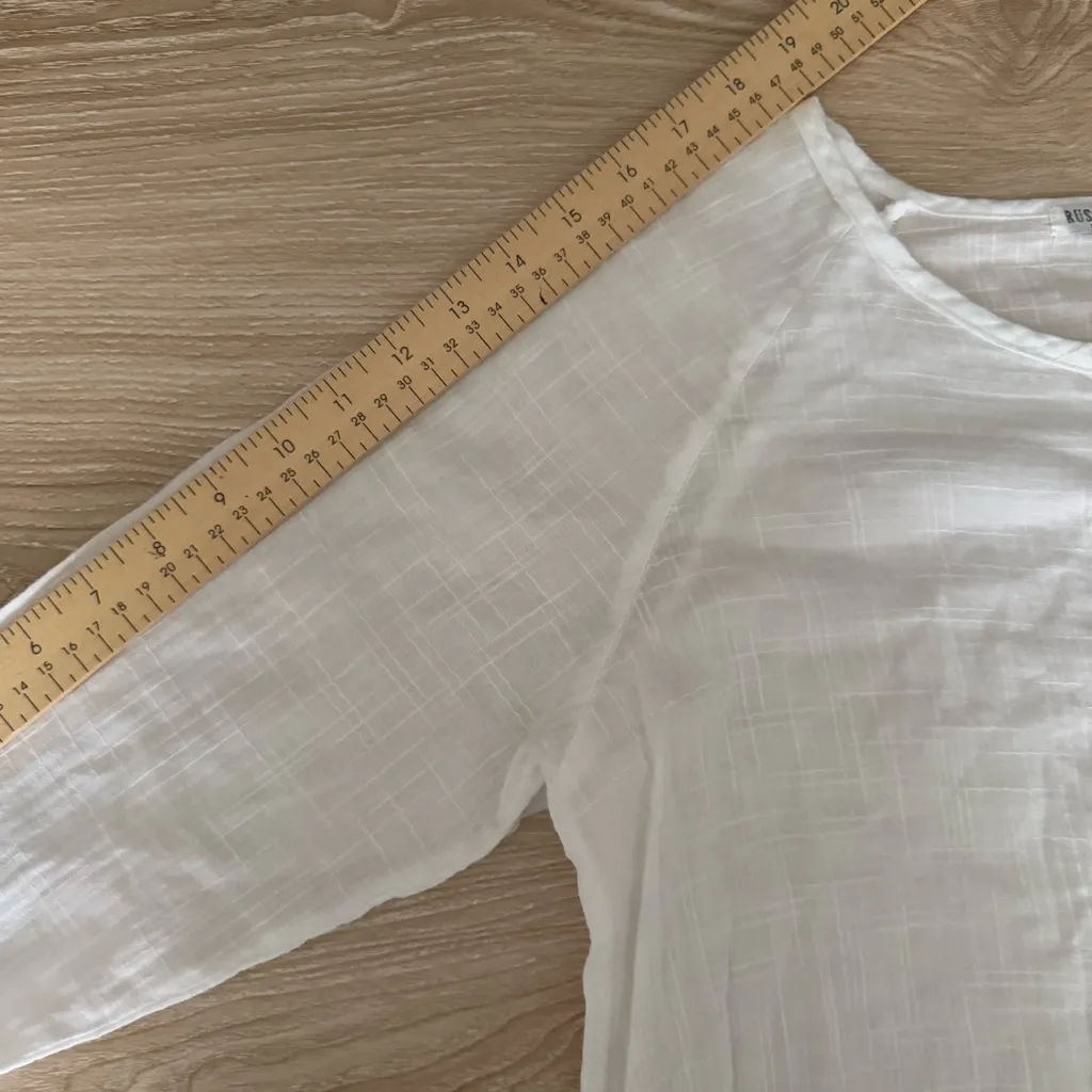 Russ Berens XS Button Up Crop Shirt White Boxy Sheer 3/4 Sleeve Cotton Lagen - Image 5