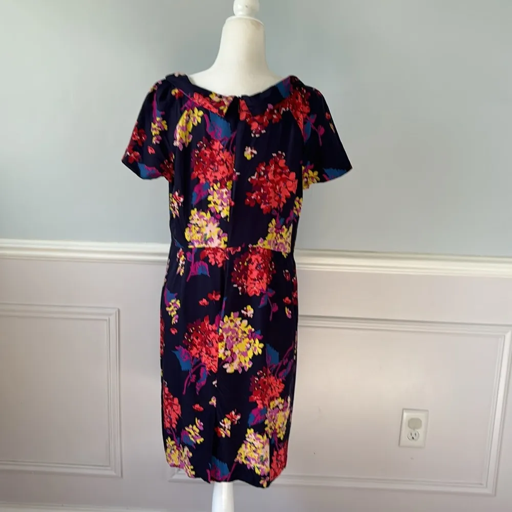 Boden Floral Sheath Silk Roll Collar Dress Navy Size 12 Formal Business Casual Blue - Image 7