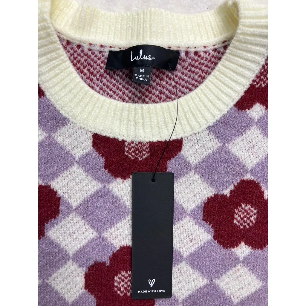 Lulus Floral Checkerboard Sweater Long Sleeve Crewneck Ivory Lilac M New - Image 2