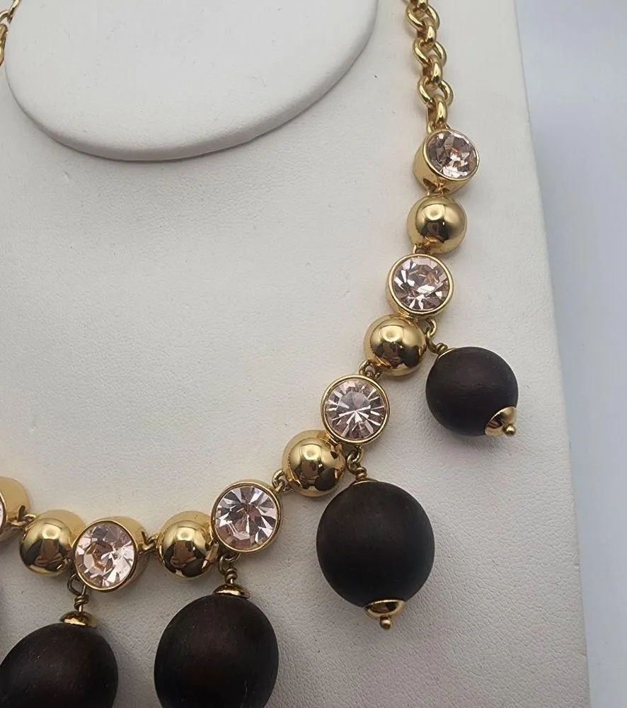 Kate Spade Second Nature Gold Tone, Pink Crystal, & Wood Statement Necklace - Image 6