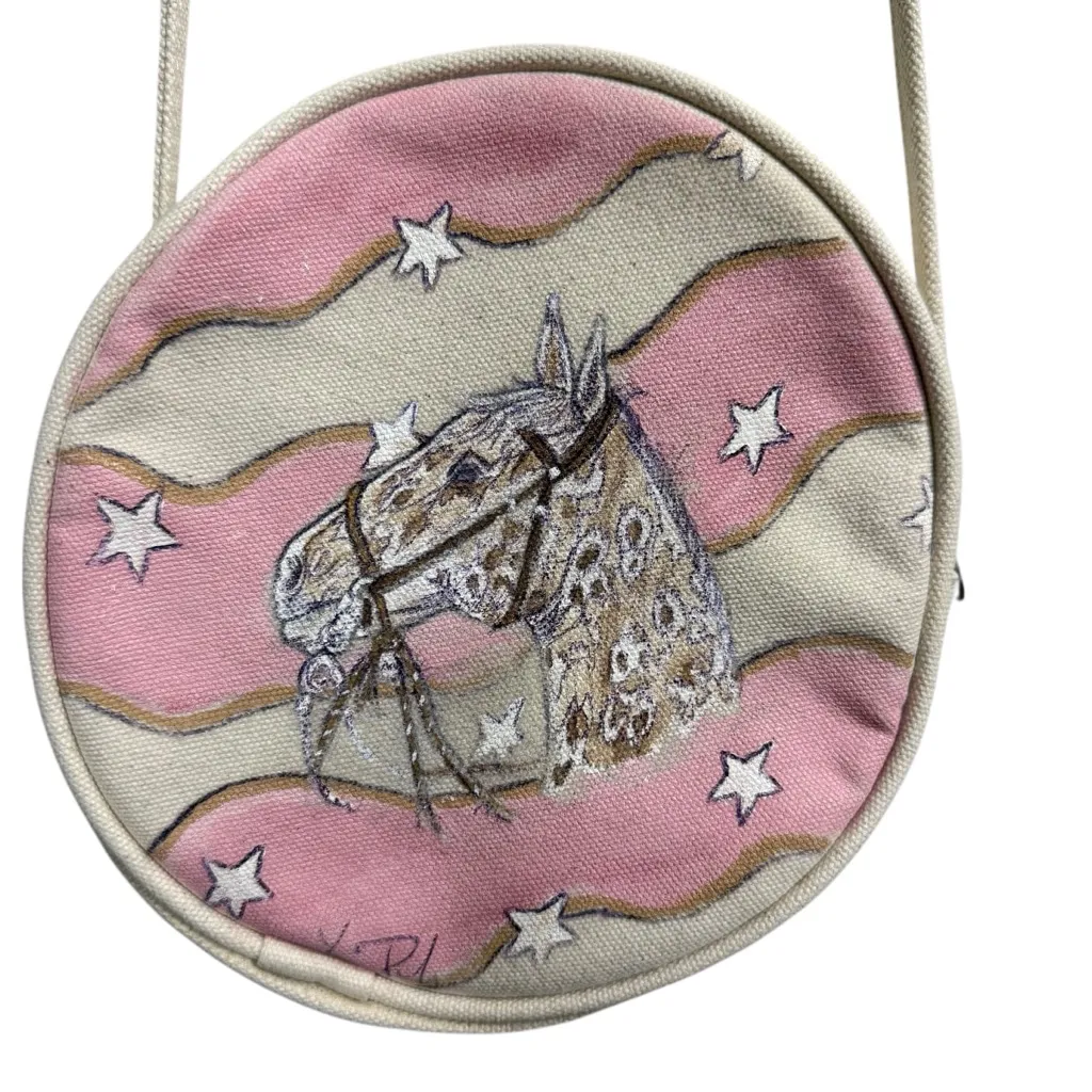 Hand Painted Horse Canvas Crossbody Bag Round Western Boho 8x8 Pink - Image 2