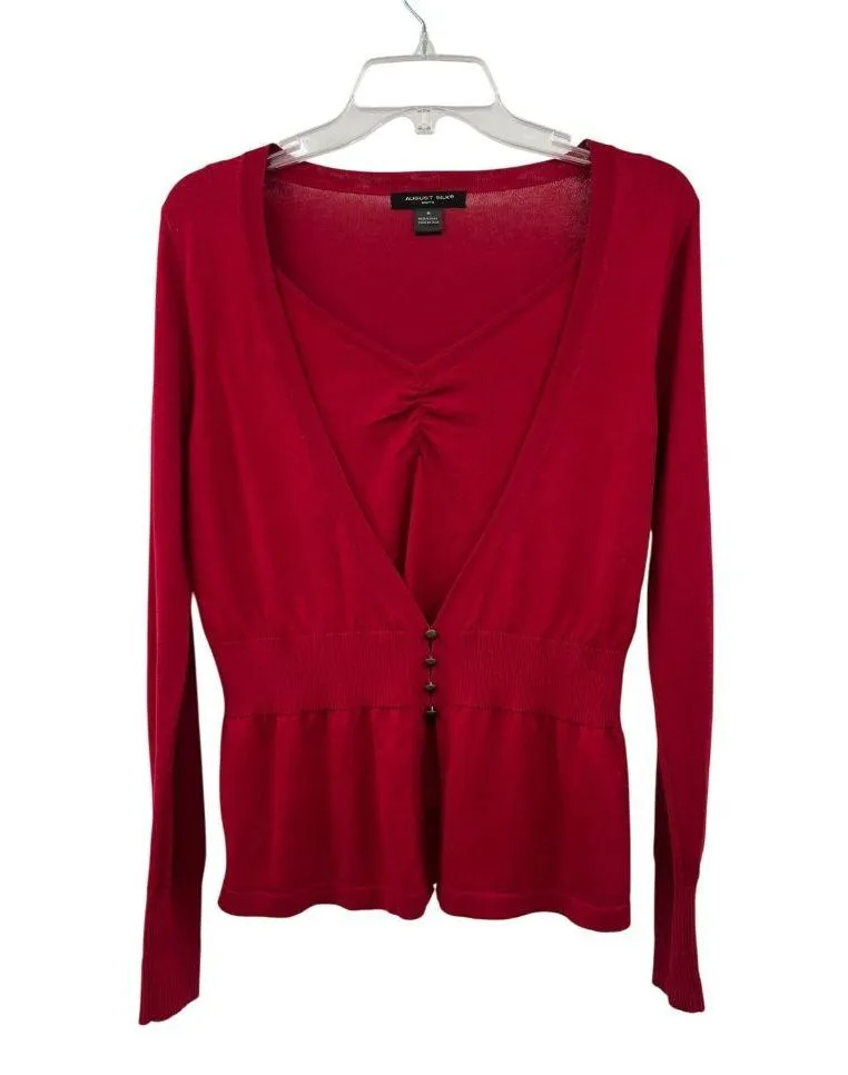 August Silk Red Silk Blend Peplum Sweater Womens M V-Neck Knit Top - Image 1