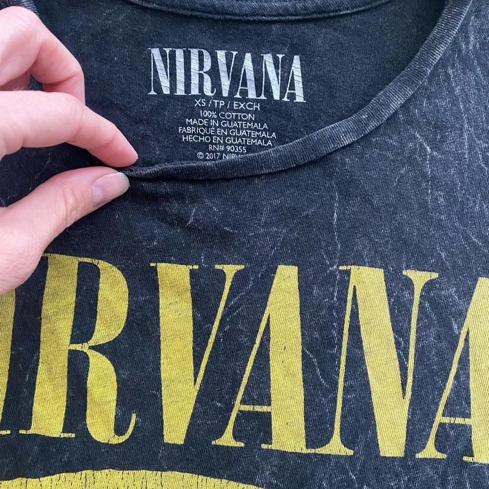 NIRVANA 2017 Oversized Black Cut Out Acid Wash Yellow Smiley Face Tee Shirt XS - Image 2