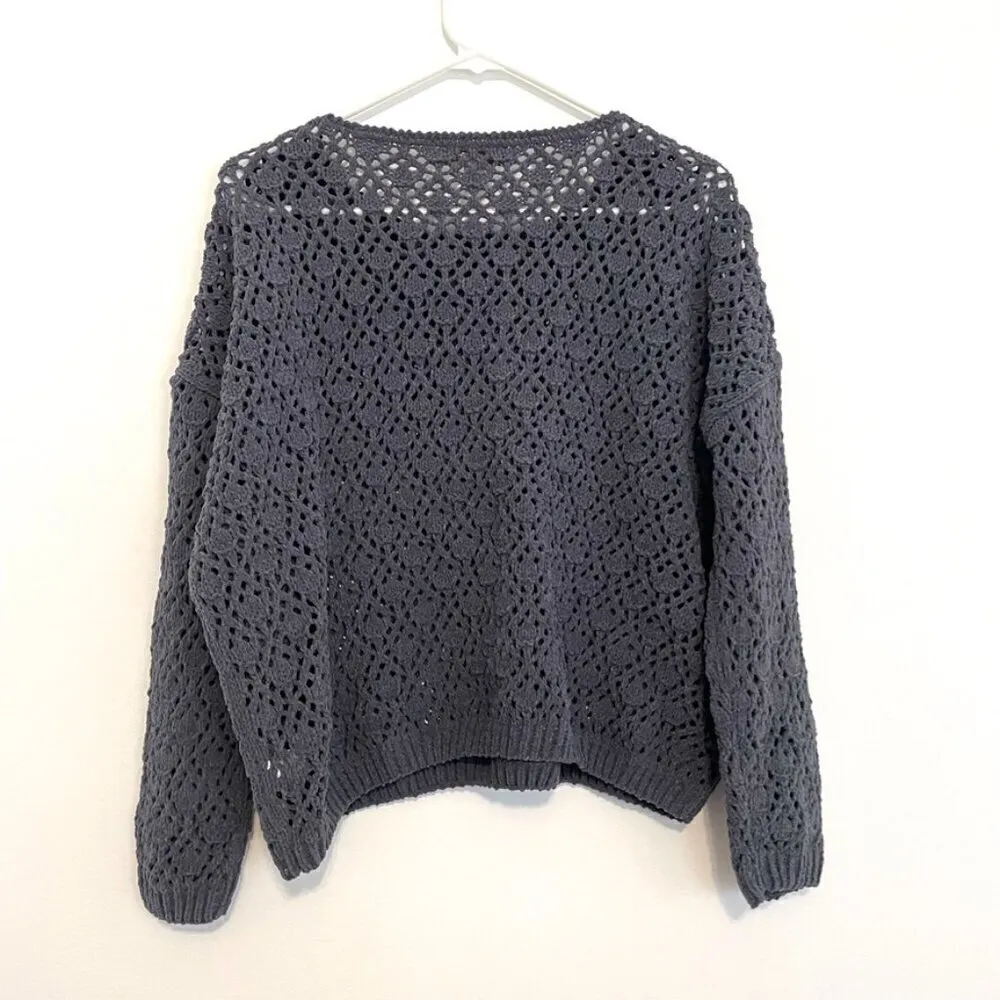 COLDWATER CREEK Gray Open Weave Knit Chenille Crew Neck Sweater PETITE Small PS - Image 11