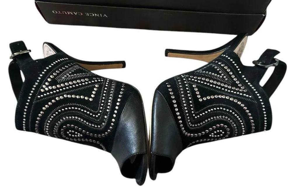 Like NEW Camuto Yolana Black Leather Suede Slingback Peep Toe Sandal Heels Shoes - Image 4