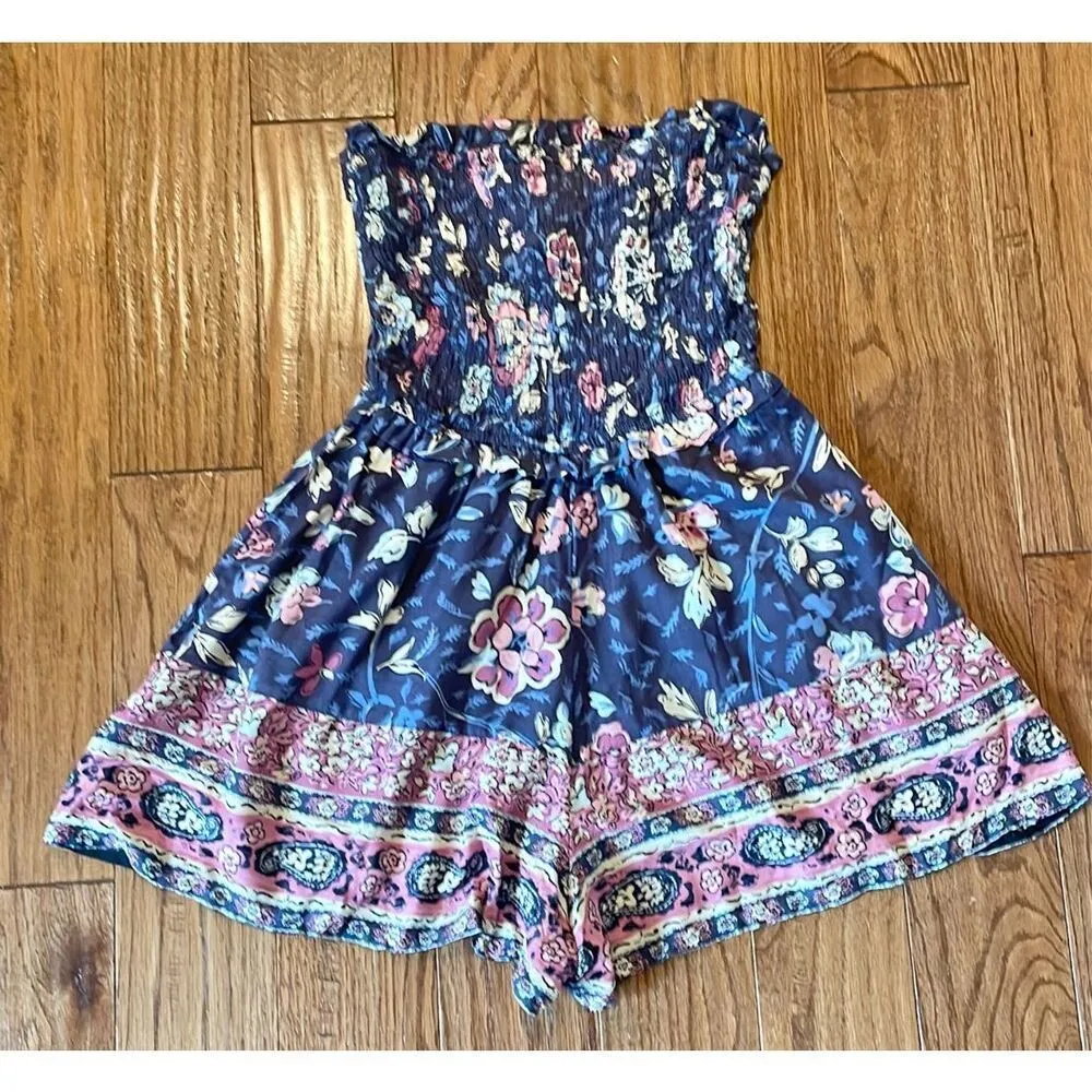 Jessica Simpson smocked block print purple strapless romper XS - Image 3