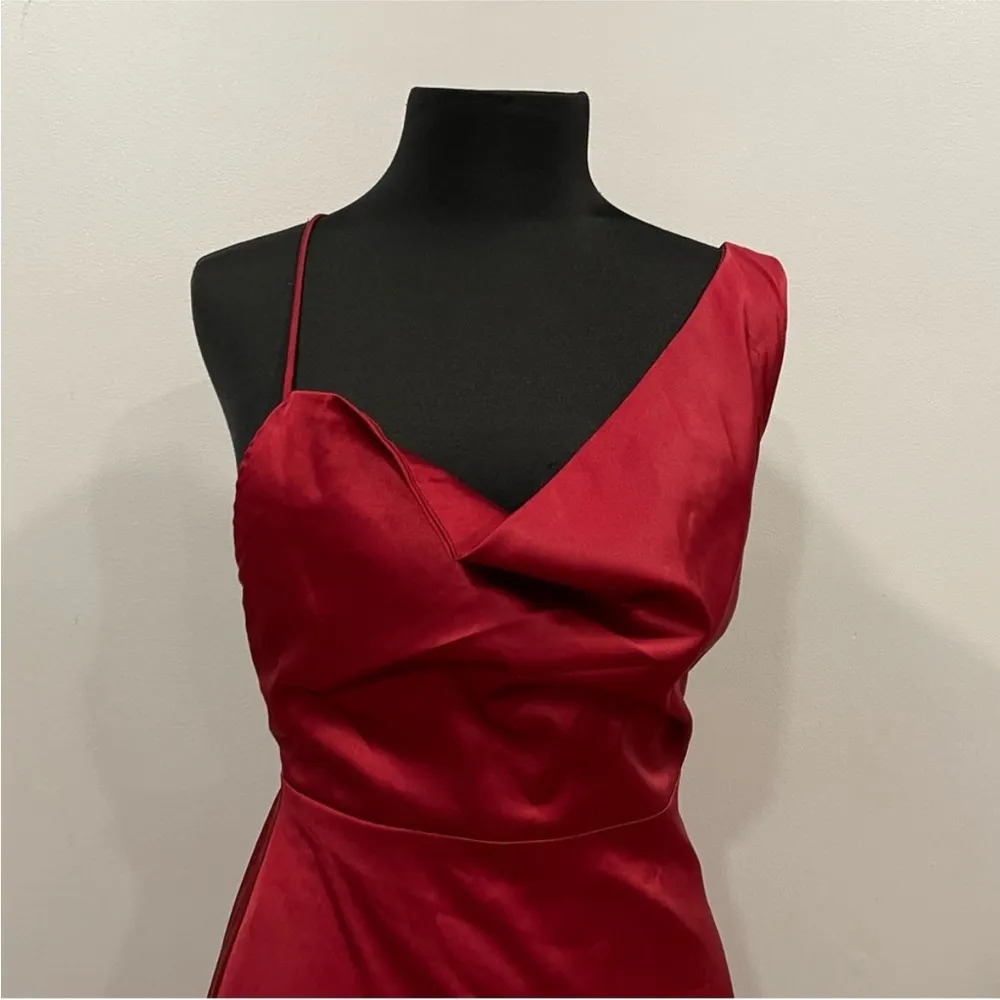 Lulus Sereno Wine Satin Cowl Neck Asymmetrical Midi Dress Small S - Image 4