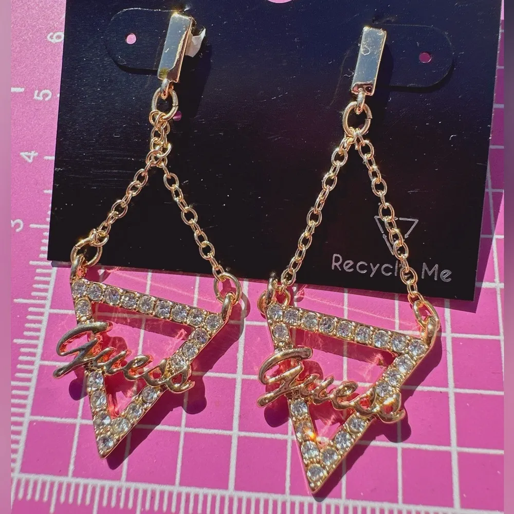 Guess Earrings crystals paved triangle chain up tassels gold tone logo drops NWT - Image 6