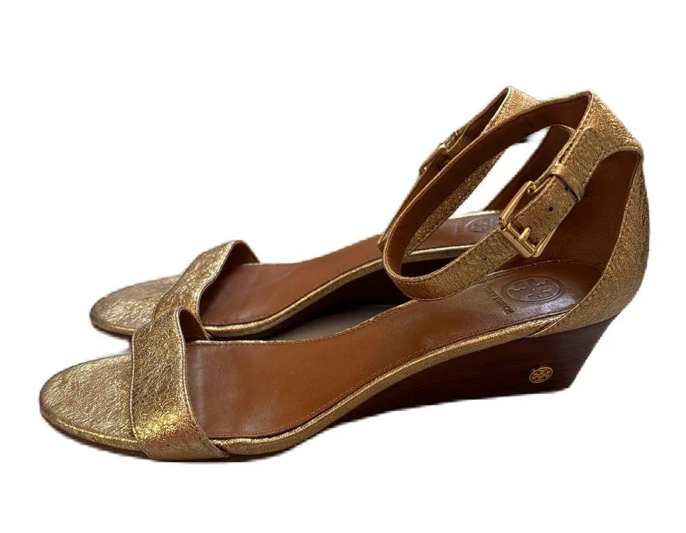Tory Burch Gold Savannah Wedge Sandal Logo Wedges Heels Size 10 Crackle Metallic - Image 12