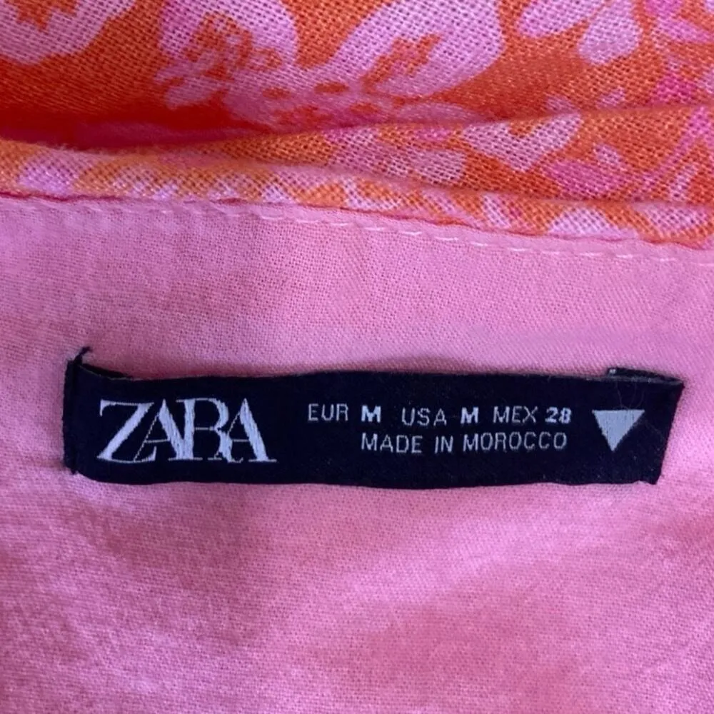 Zara Orange Pink Floral One Shoulder Linen Blend Spaghetti Ruched Crop Top Sz M - Image 6