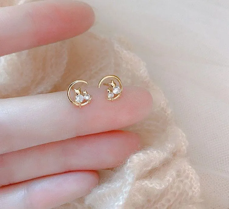 Small CZ Moon Cat Stud Earrings for Women Gold - Image 3
