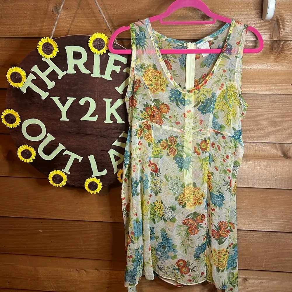 Vintage Floral Chiffon Babydoll Tie Zip Midi Dress Lightweight 70s 80s 90s Rose Yellow Size M - Image 2