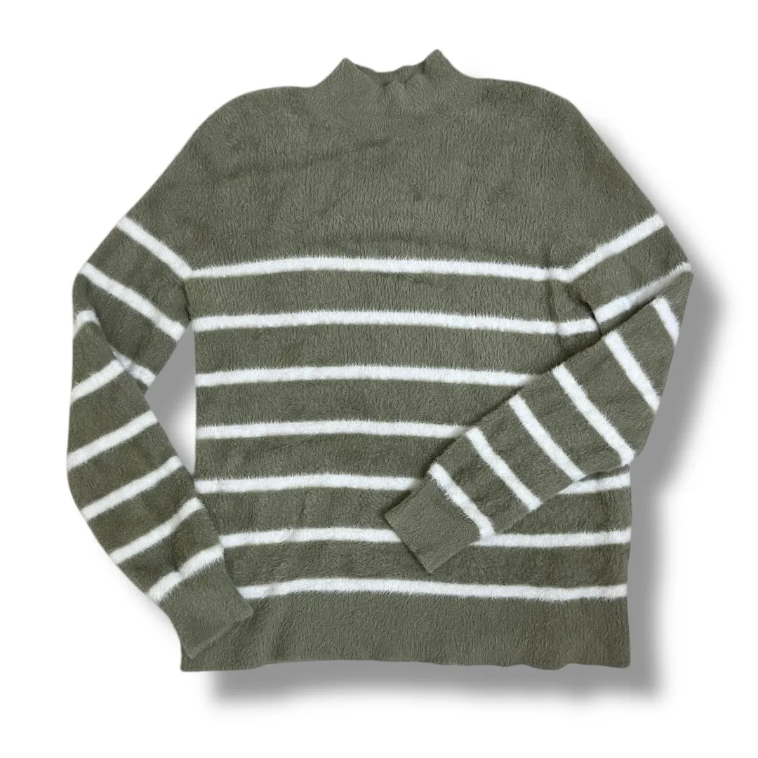 Bailey 44 fuzzy mock neck stripe sweater olive green white - Image 4
