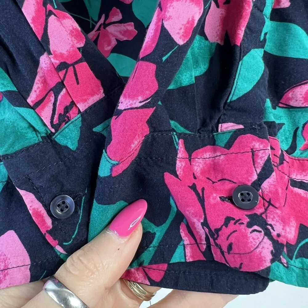 Talbots Woman Sz L Tunic Top Floral Navy Pink Popover V Neck Long Sleeve Blouse - Image 5