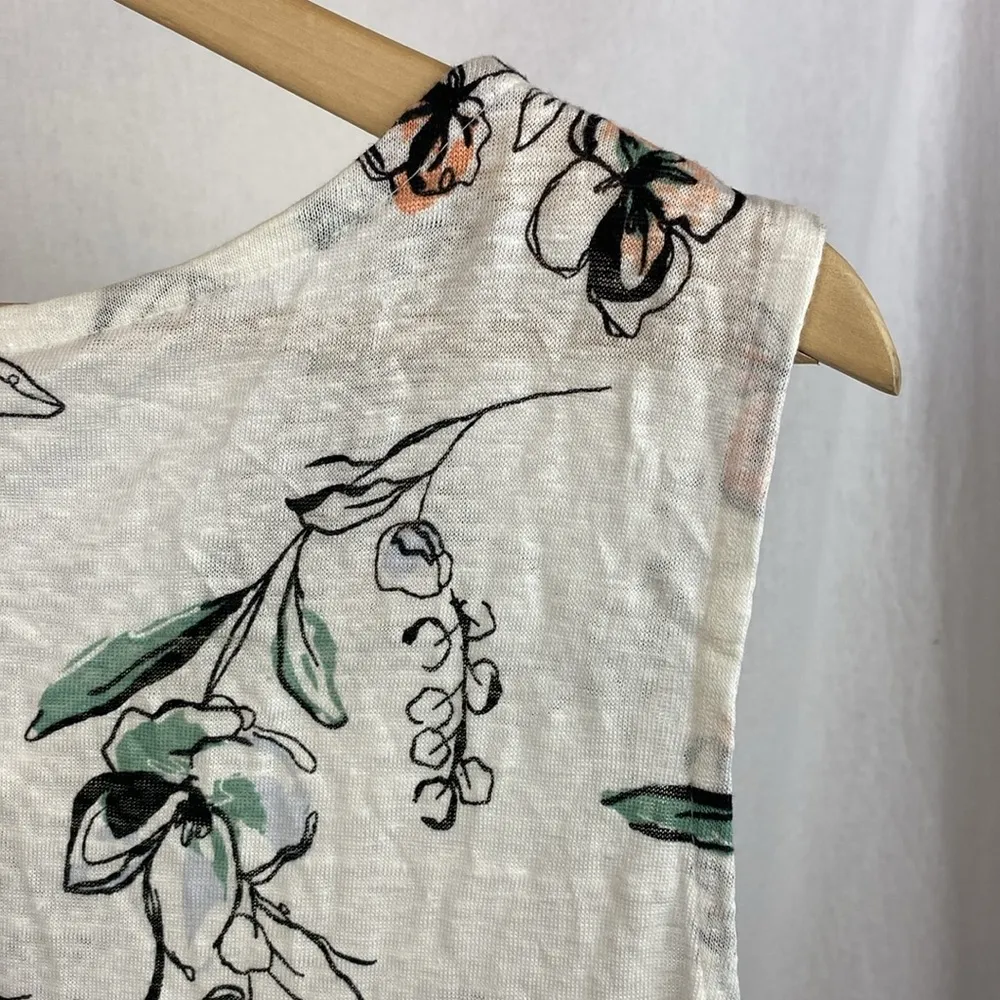 Rachel Zoe 100% Linen White Floral Print Sleeveless Drape Neck Knit Top XL - Image 3