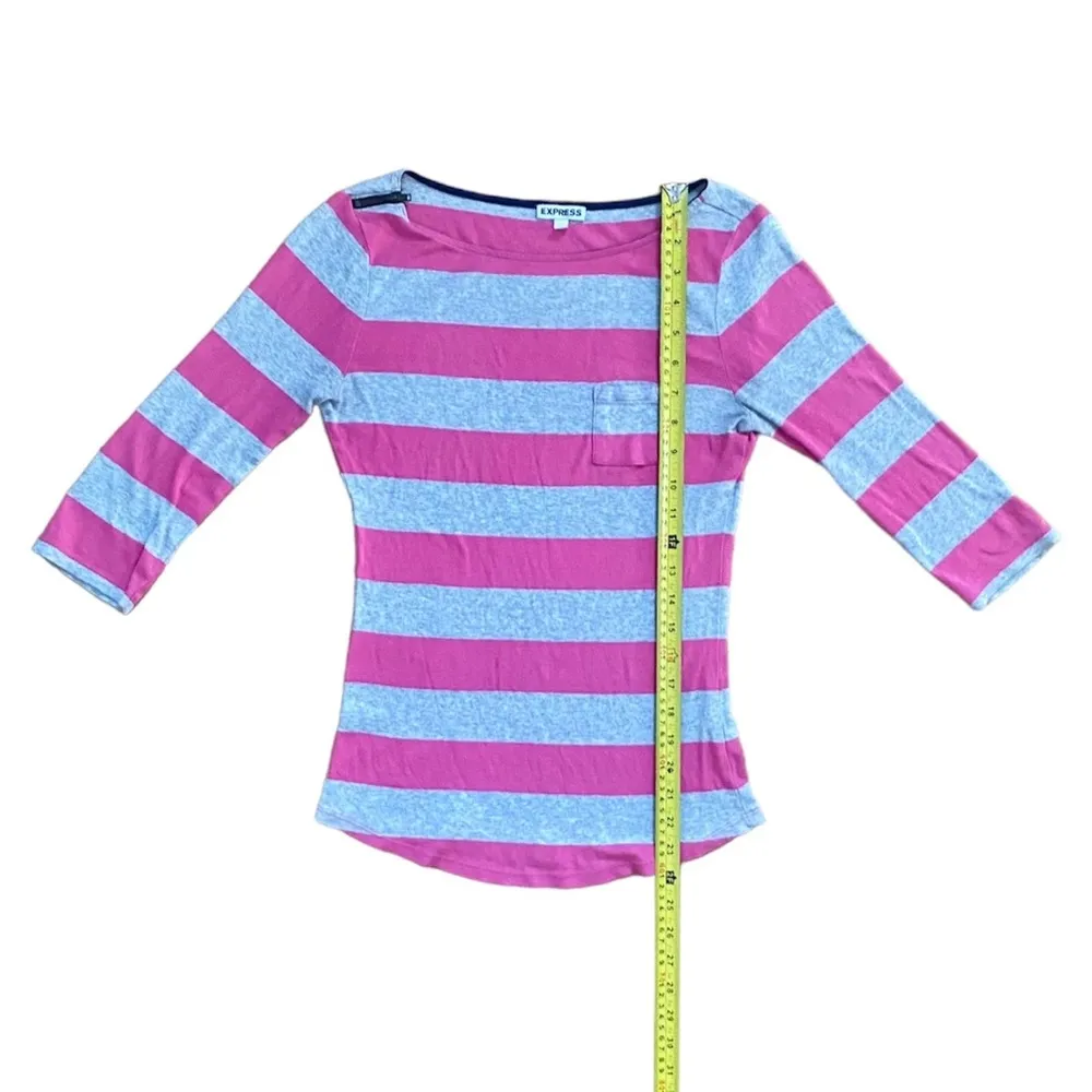 Express Women Top 3/4 Sleeve T-shirt S P Striped Tee Pink Gray Vintage Y2K Small - Image 5