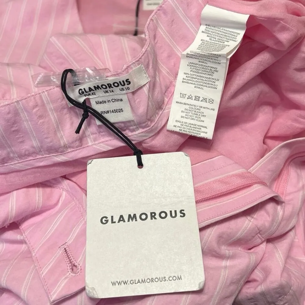 NEW Glamorous Pink White Striped Sleeveless Button Up Vest Top Shorts Set Sz 10 - Image 7