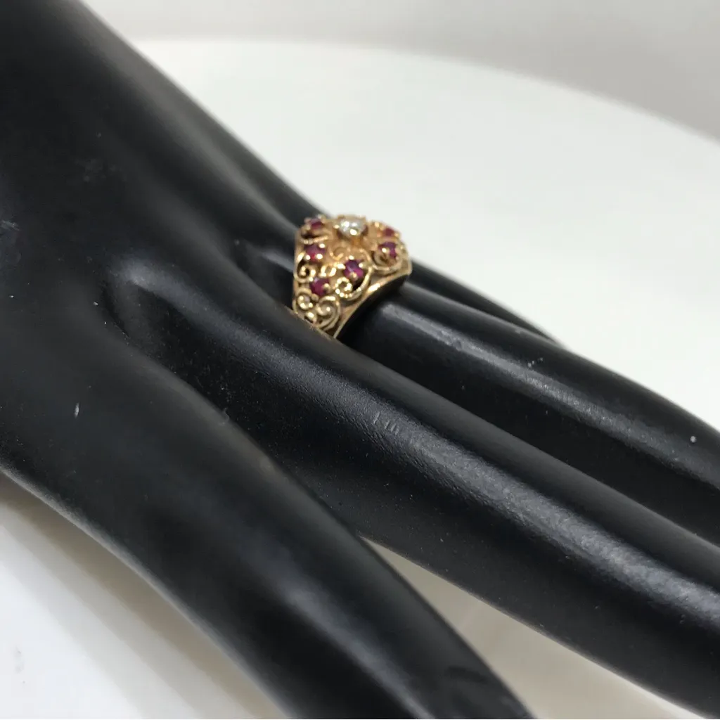 10K SOLID YELLOW GOLD GENUINE DIAMOND AND RUBY FILAGREE RING (6.75) Red - Image 7