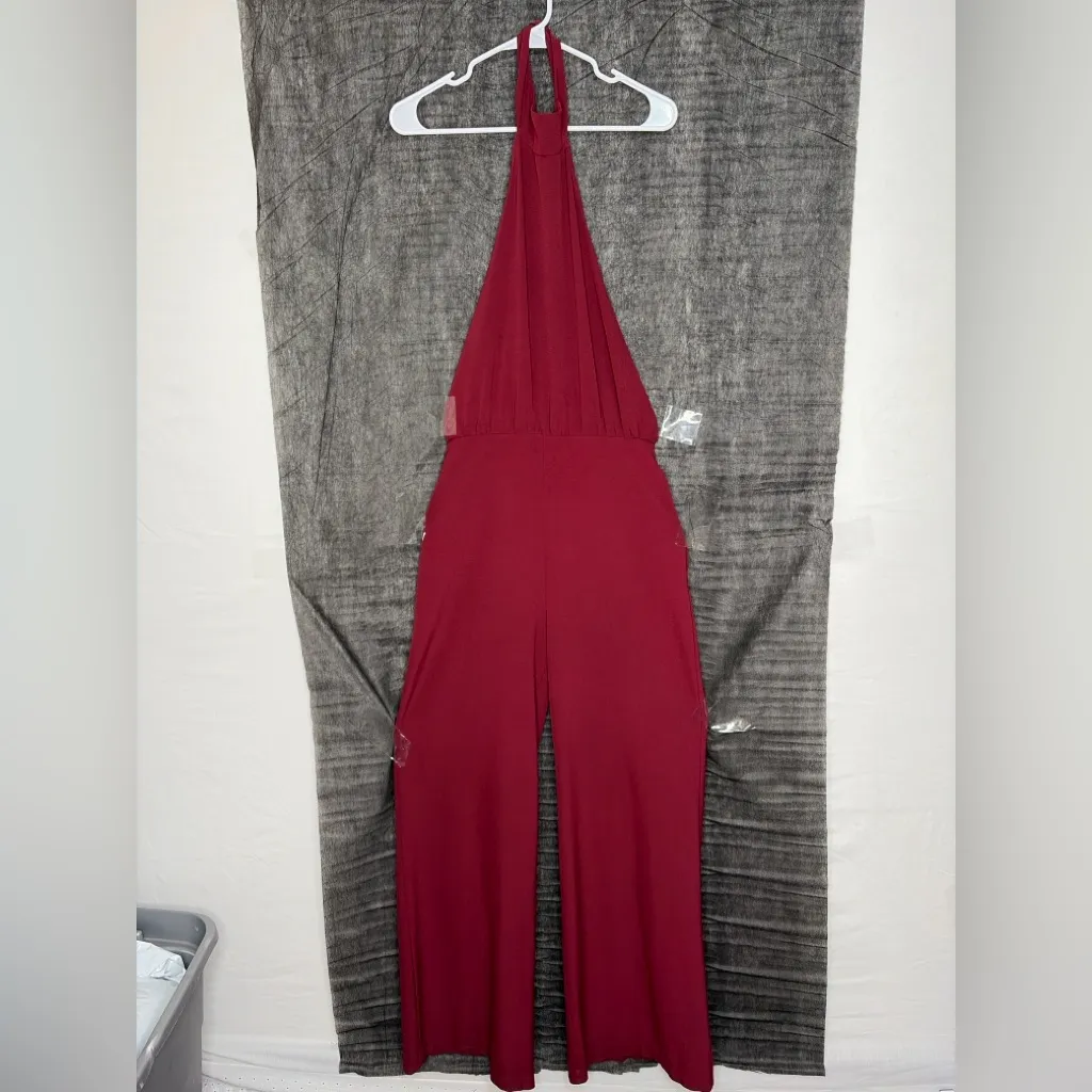 Lulus Burgundy Halter Neck Wide Leg Jumpsuit w/ Pockets Size M USA(E24) - Image 2