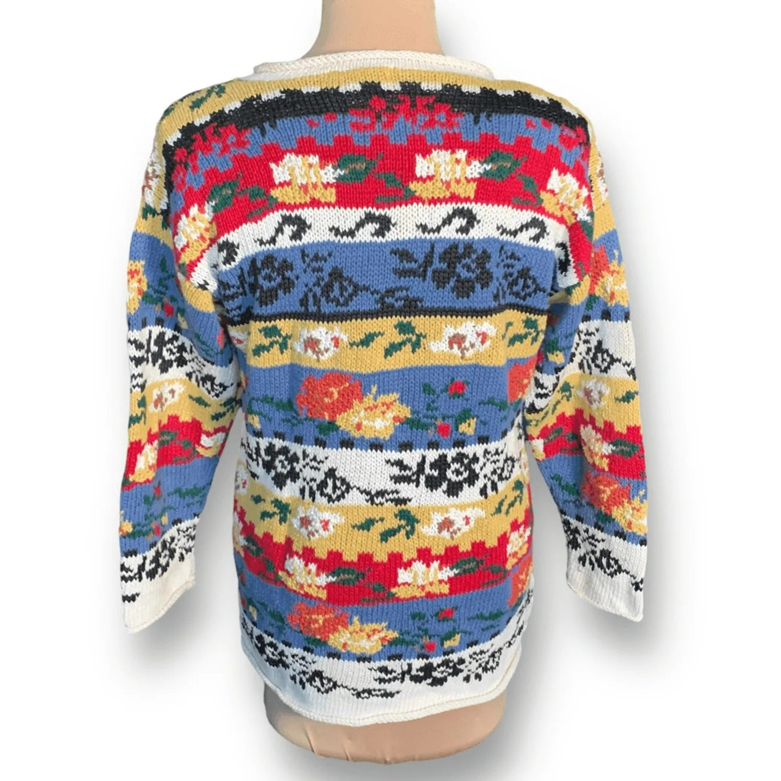 Vintage 90s Forenza Floral Stripe Knit Sweater Blue Red Oatmeal Small Eclectic - Image 6