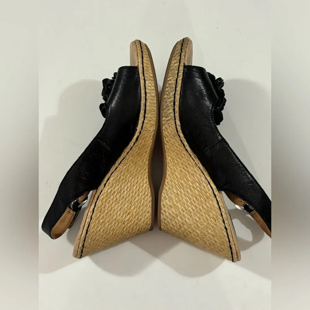 Born BOC Black Leather Floral Peep Toe Slingback Woven Wedge Heel Sandals 8 - Image 8