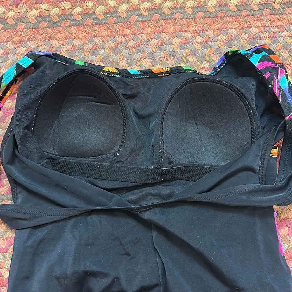 VTG INCHES AWAY RAINBOW ABSTRACT WRAP FRONT ONE PIECE BIKINI SCOOP BACK Black Size M - Image 6