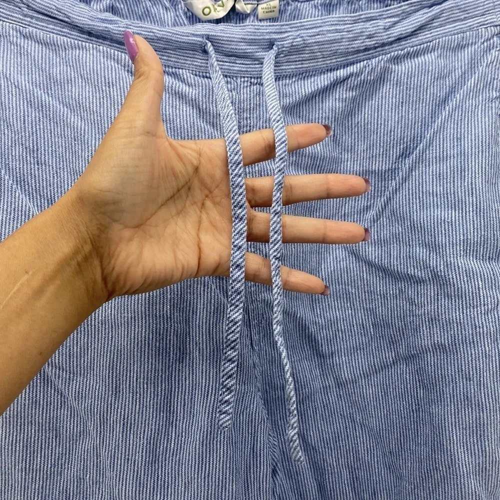 Orvis blue white linen draw string pockets cropped pants preppy lightweight - Image 4