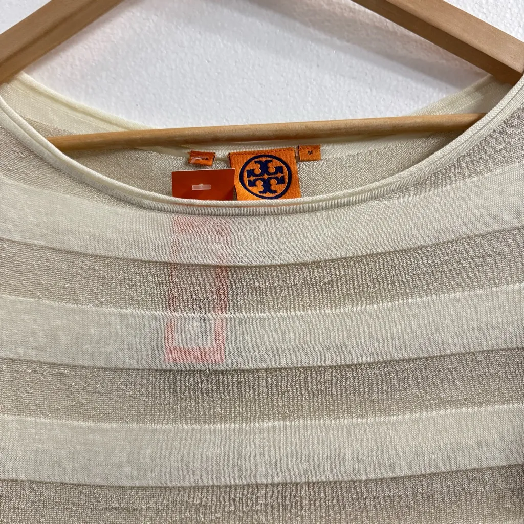 Tory Burch Metallic Stripe Knit Top Women’s M Beige Ivory 3/4 Sleeve NWT - Image 4