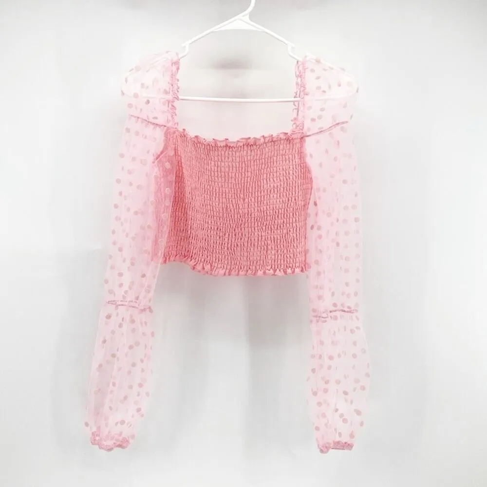 Shein pink polka dot sheer sleeves Cropped top Barbie core feminine puff sleeves - Image 6
