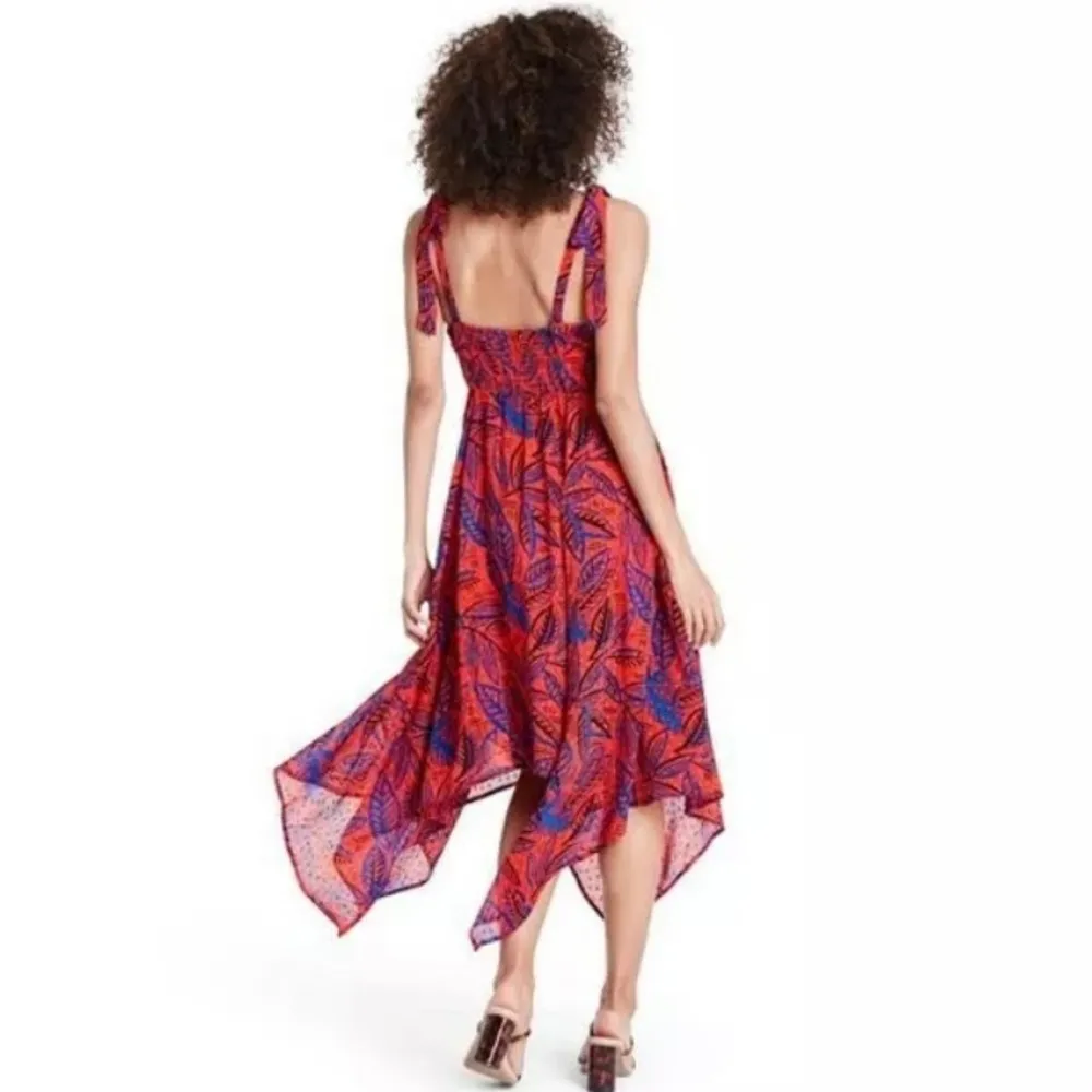 Alexis For Target Dress Small Tropical Leaf Tie Strap Asymmetrical Orange NWT - Image 3