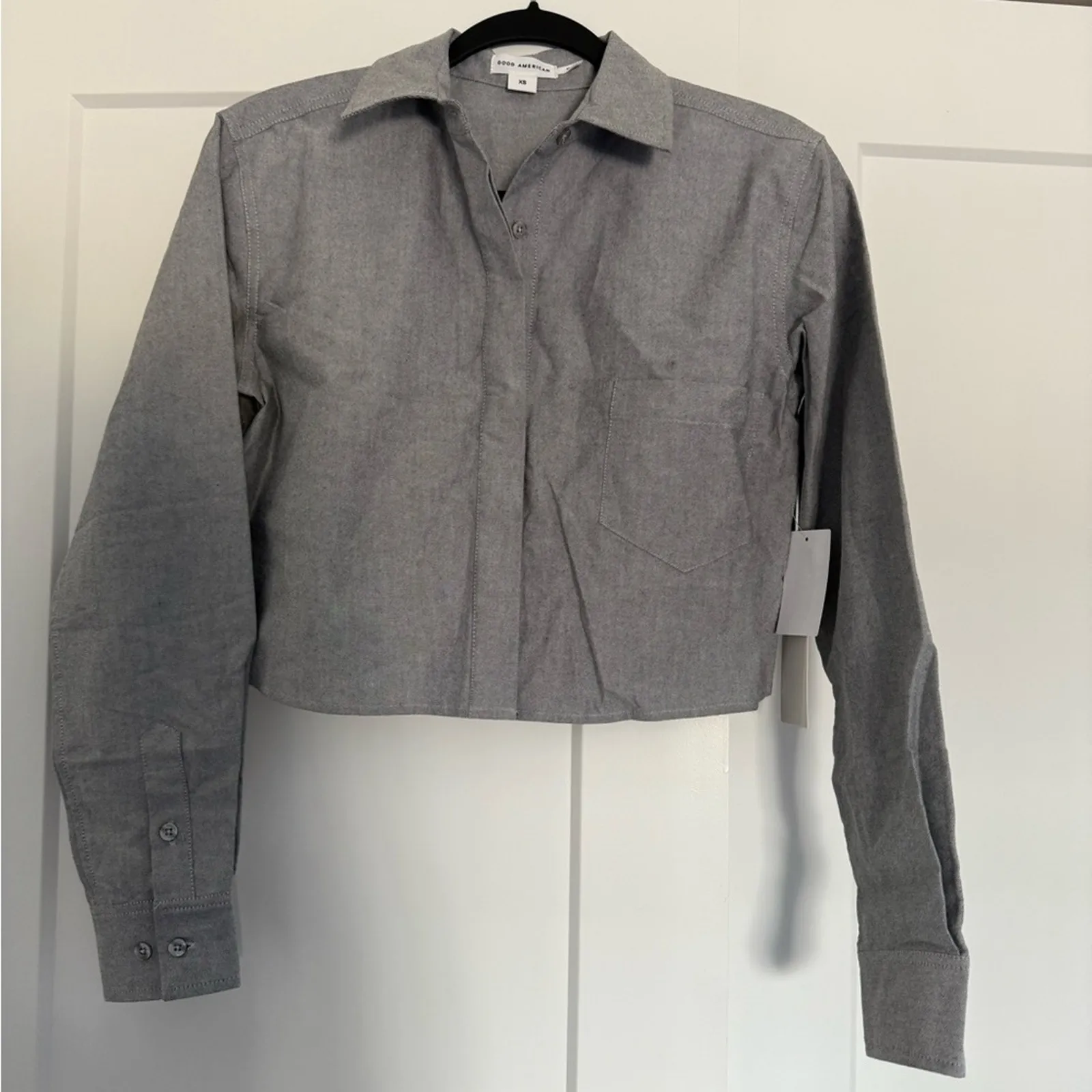$119 New Good American Oxford Crop Uniform Shirt - grey - XS - Image 5