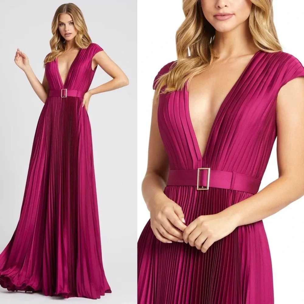 Mac Duggal Pleated Plunge Neck Belted Satin Gown size 8 $458‎ - Image 2