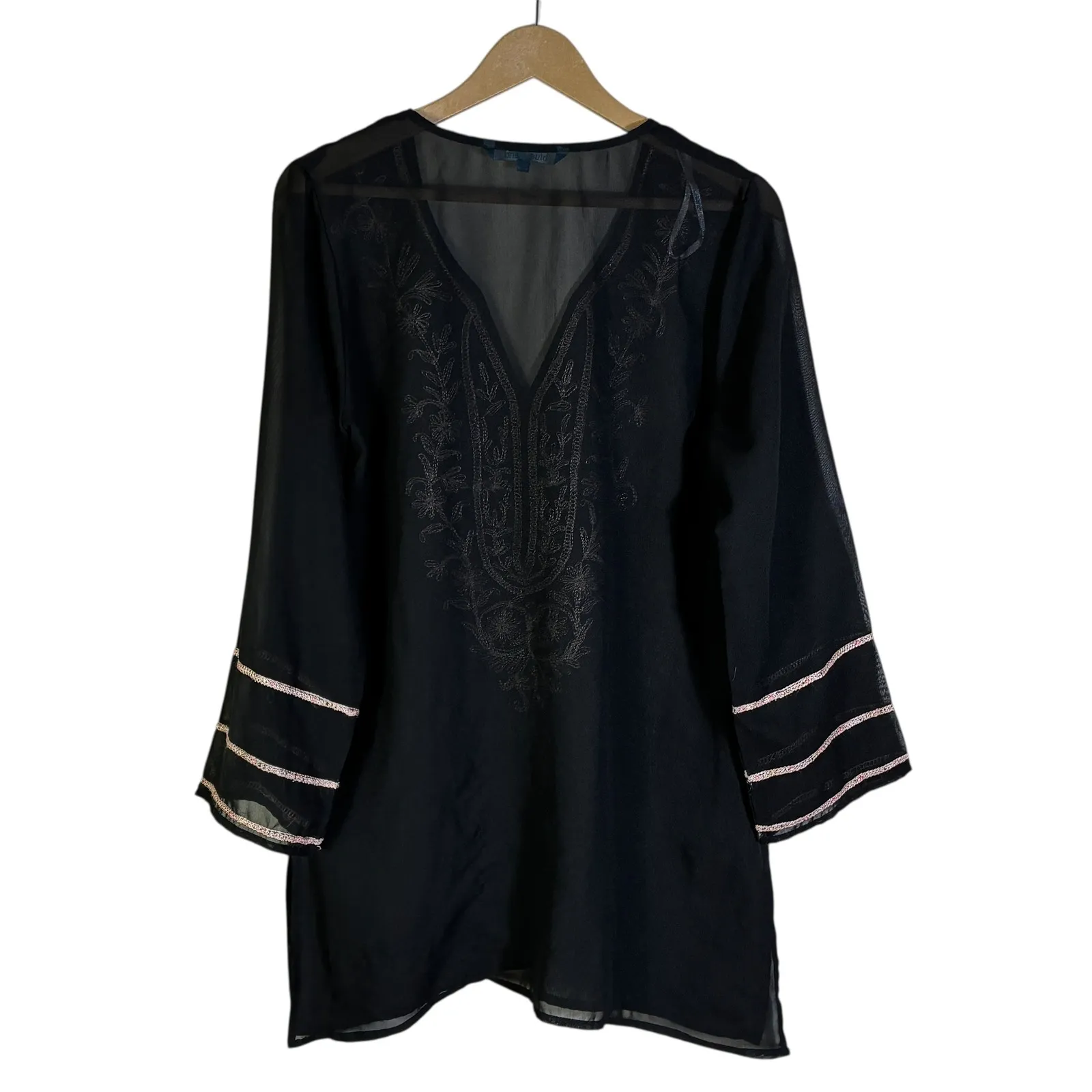 Blue Island Embroidered Tunic Top Womens M Black Bohemian Peasant Festival - Image 4