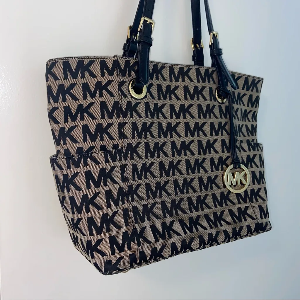 Michael Kors Jet Set East West Jacquard Black and Tan Logo Tote - Image 9