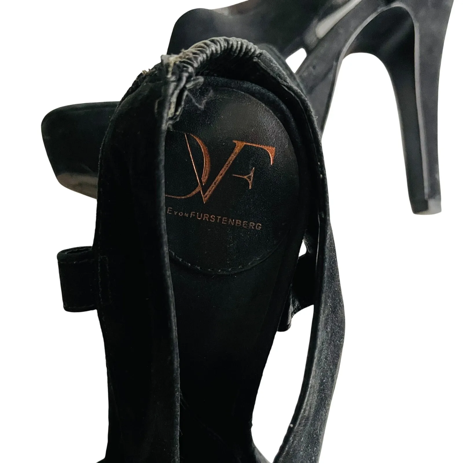 DVF Suede Criss Cross Open Toe Heel 6 Black Sandal Chunky Dance Party - Image 5
