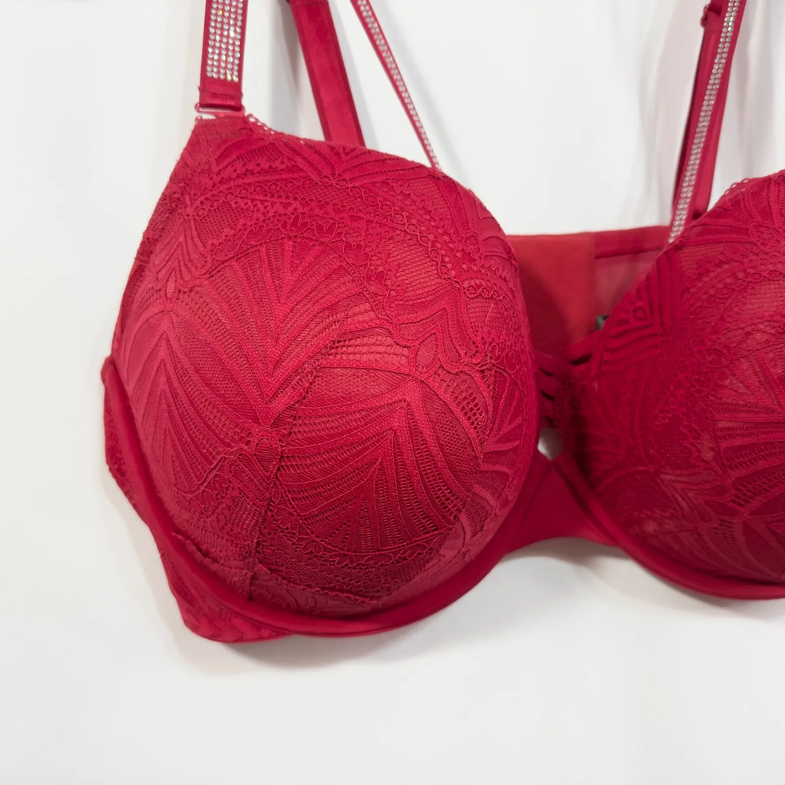 Torrid 42DDD Bra XO Plunge Push Up Diamante Red Lace Rhinestone‎ Plunge 393 - Image 9