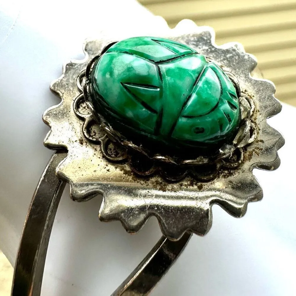 Silver tone green scarab hinged bangle bracelet - Image 2
