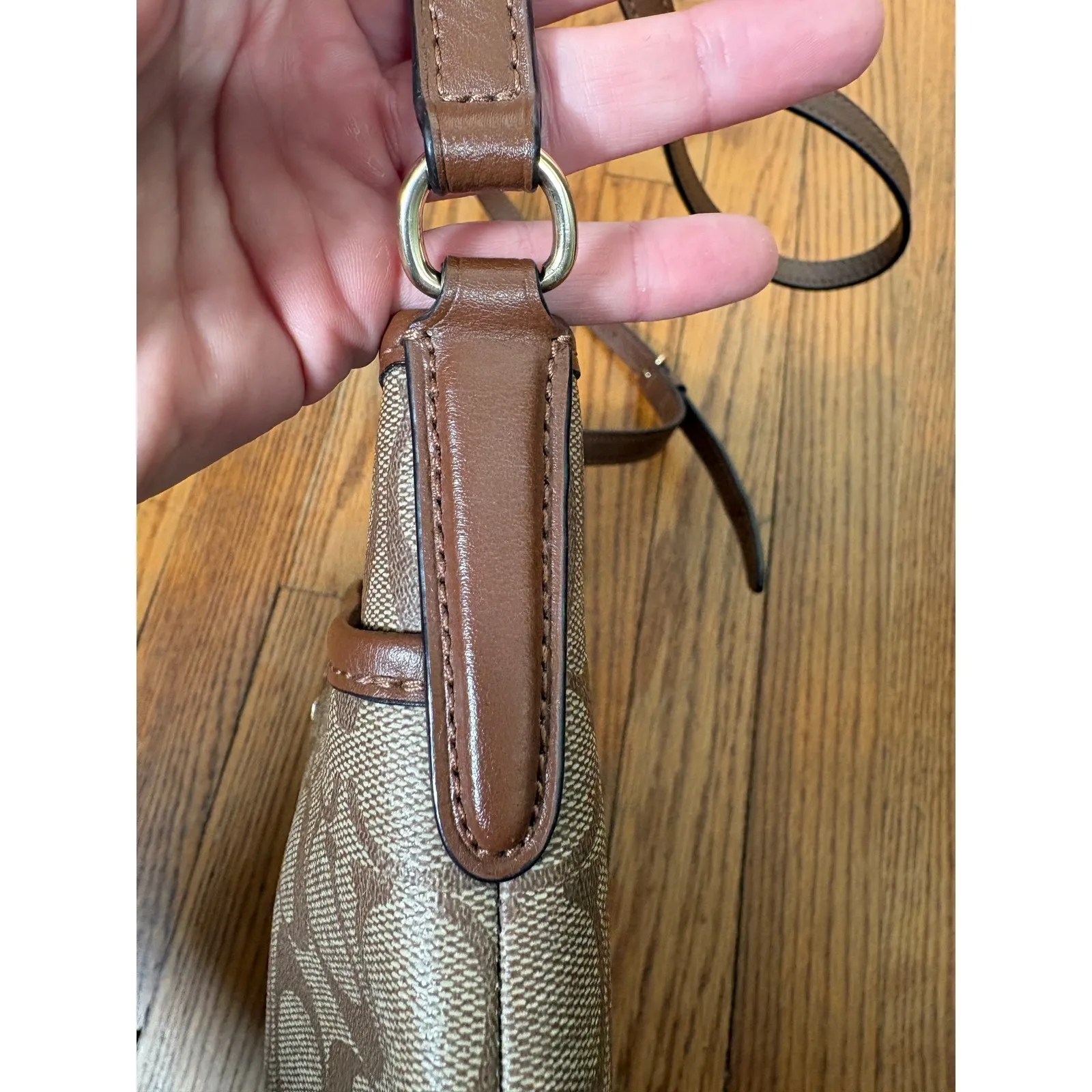 Coach Signature File Canvas Crossbody Bag Brown Tan Khaki Leather Trim - Image 9