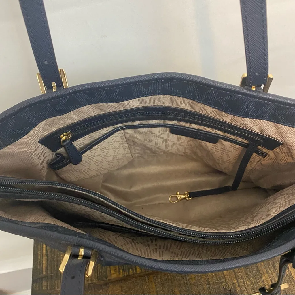 Michael Kors Jet Set Large Snap Pocket Tote Blue handbag purse bag monogram - Image 8