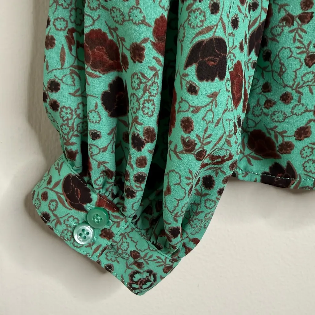 Free People Floral Blouse Women’s Size Small Green burgundy Office Boho Ruffle - Image 6