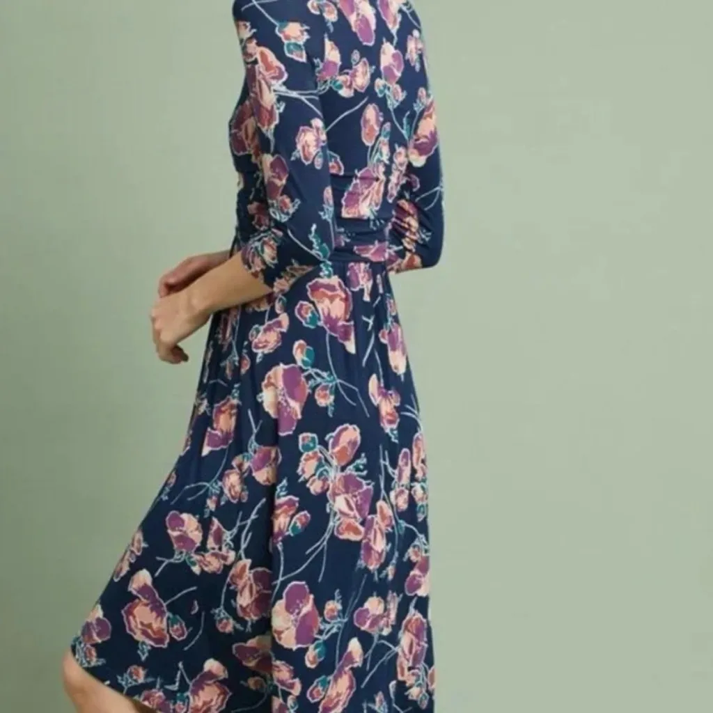 Anthropologie Maeve Midi Dress Floral Heppel Blue Purple Ruched Size Small - Image 2