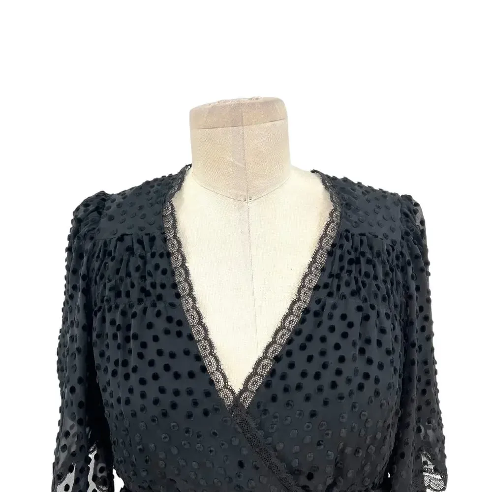 Betsey Johnson Vintage Black Swiss Dot Velvet‎ Flutter Sleeve Dress Size 4 - Image 2