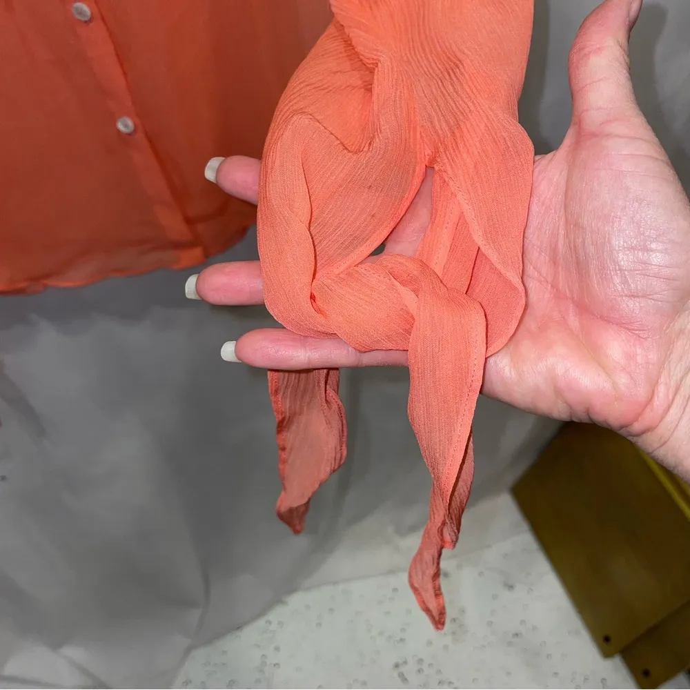 Gorgeous Y2K peach sheer silk boho ruffle sleeve tie neck blouse Banana Republic - Image 4