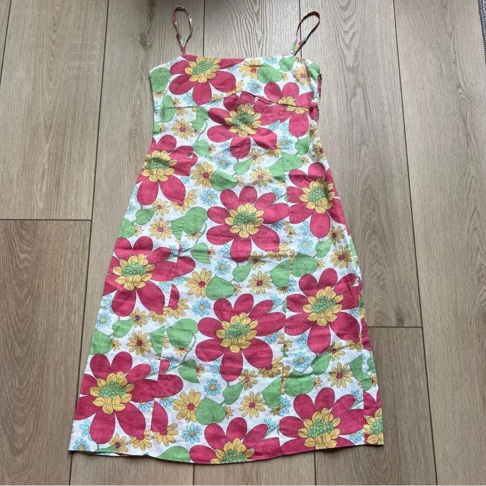 Boden Floral Linen Spaghetti Strap Sundress Resort Wear Size 10 White Pink Retro - Image 6