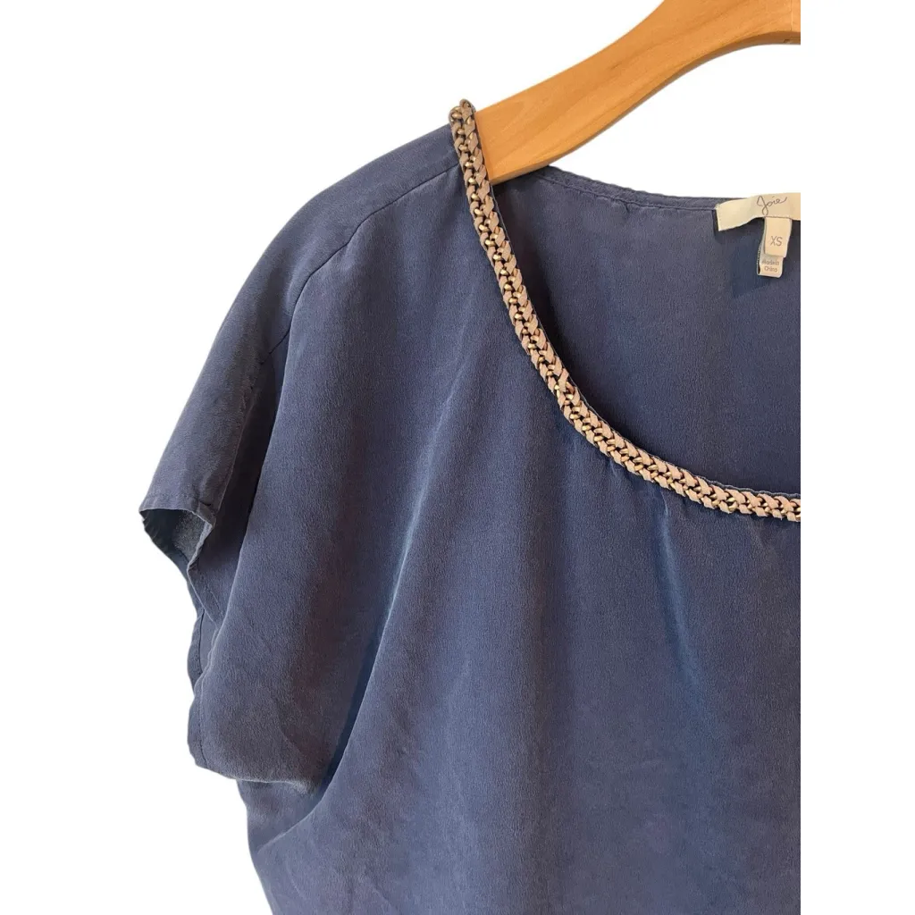 Joie Blouse Womens Size XS Navy Blue Silk Leather Braided Trim Round Neck Top - Image 2