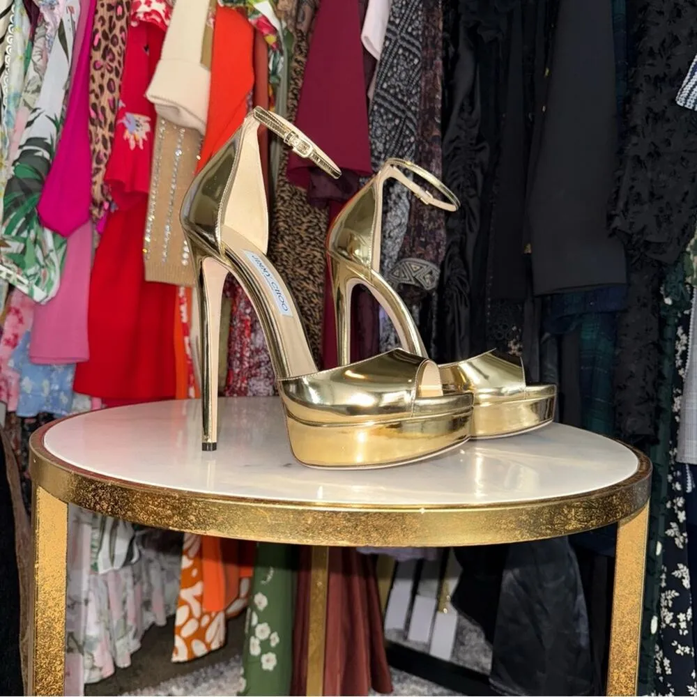 Jimmy Choo Gold Max 150 Mirrored-Leather Platform Stiletto Heel Open Toe Sandal - Image 11