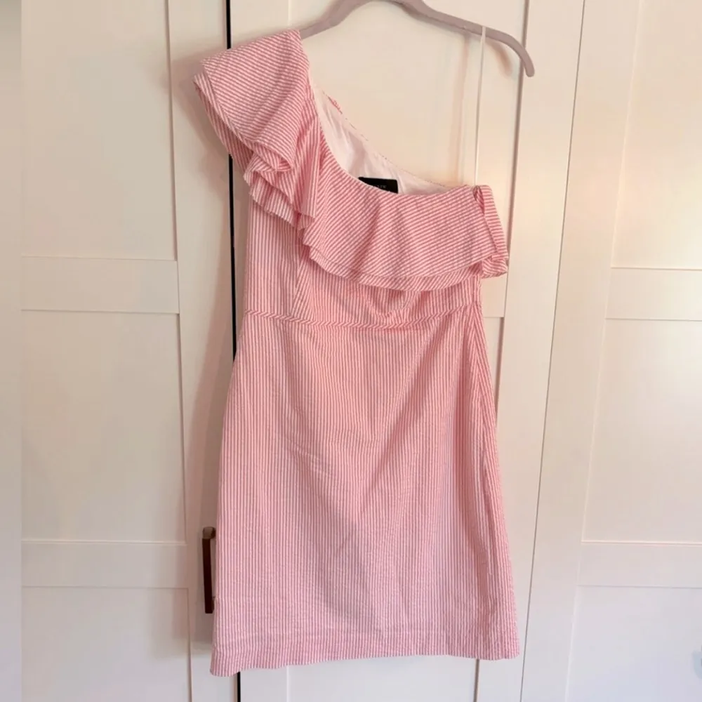 J. Crew, pink and white striped, one shoulder, seersucker dress, size 6 - Image 2