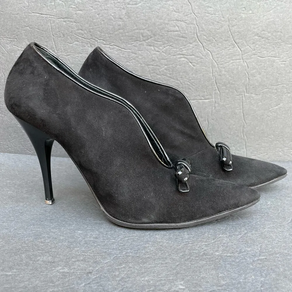 Vintage Icone Black Suede Heels 38.5/US 7.5 Italy Patent Bow 90s - Image 5