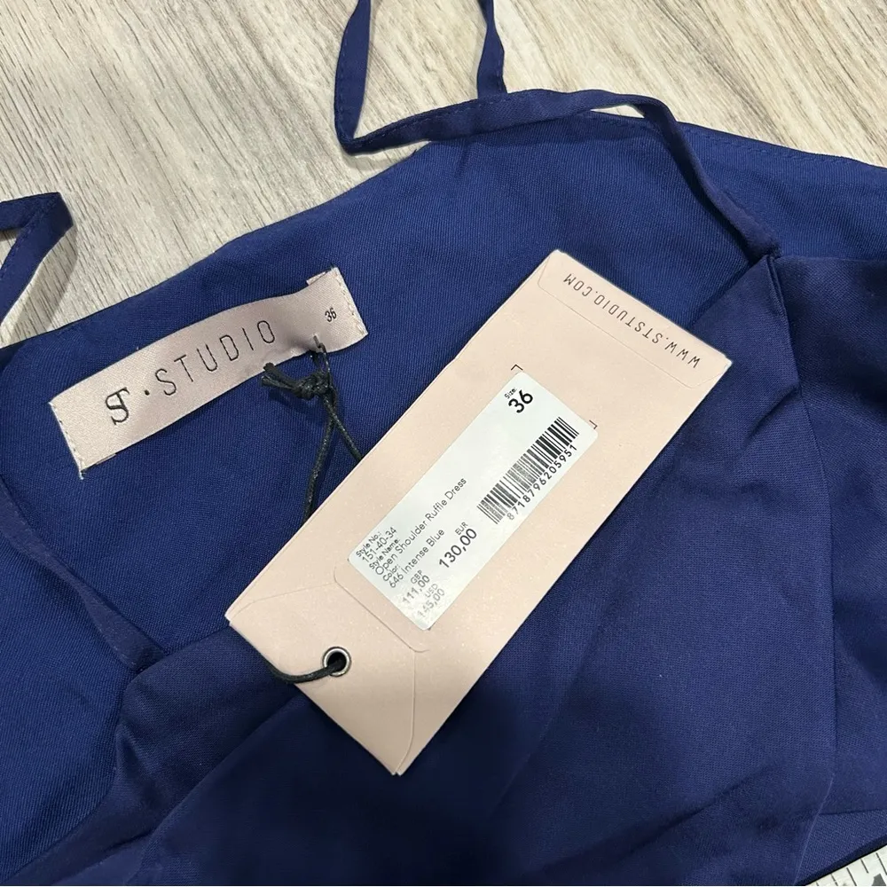NWT SuperTrash ST Studio Navy Ruffle Off Shoulder Long Sleeve Mini Dress Size S Blue - Image 4
