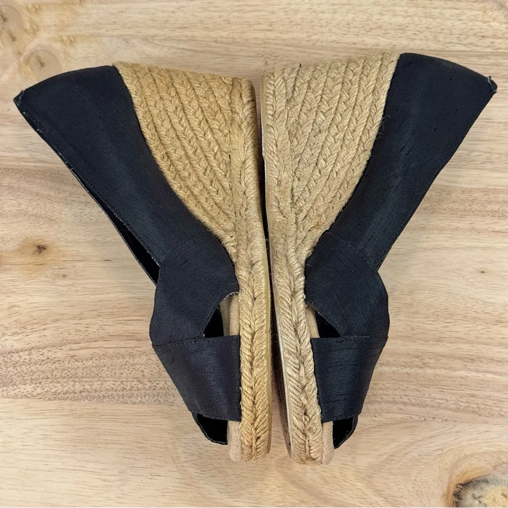 White Mountain Dupioni Fabric Peep‎ Toe Espadrille Wedge Heels Black 9 - Image 5